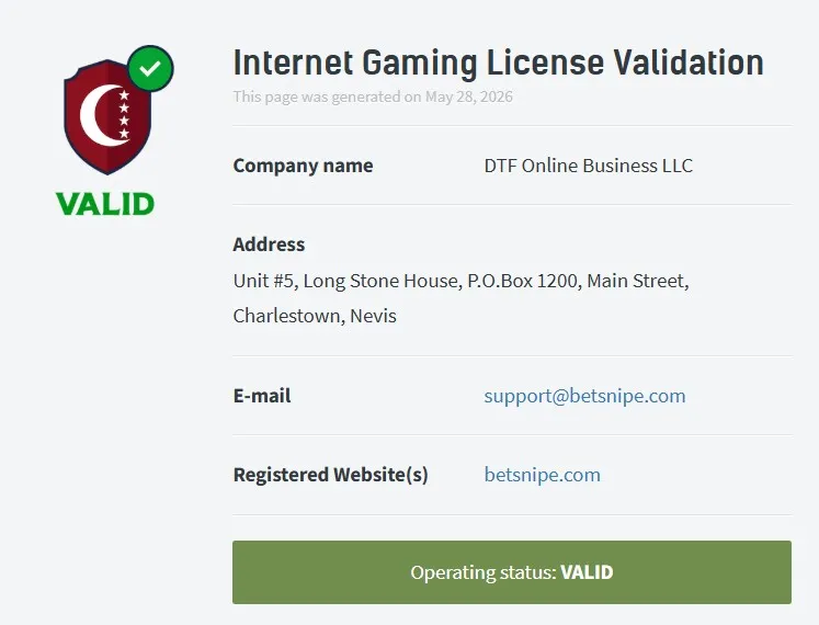 BetSnipe Casino licensia